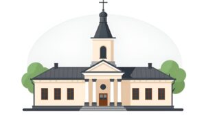 Стилизованная иллюстрация старинных зданий для гида по архитектуре старого Балаково от компании Балаково Туризм